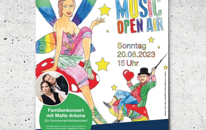 Colorful illustrated poster for Mettingen’s MUSIC OPEN AIR on 20.08.2023, featuring fairies in painting action.