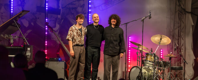 Das Luca-Sestak-Trio tritt auf der Bühne des meetMUSIC Open Air auf, während violettes Licht leuchtet.